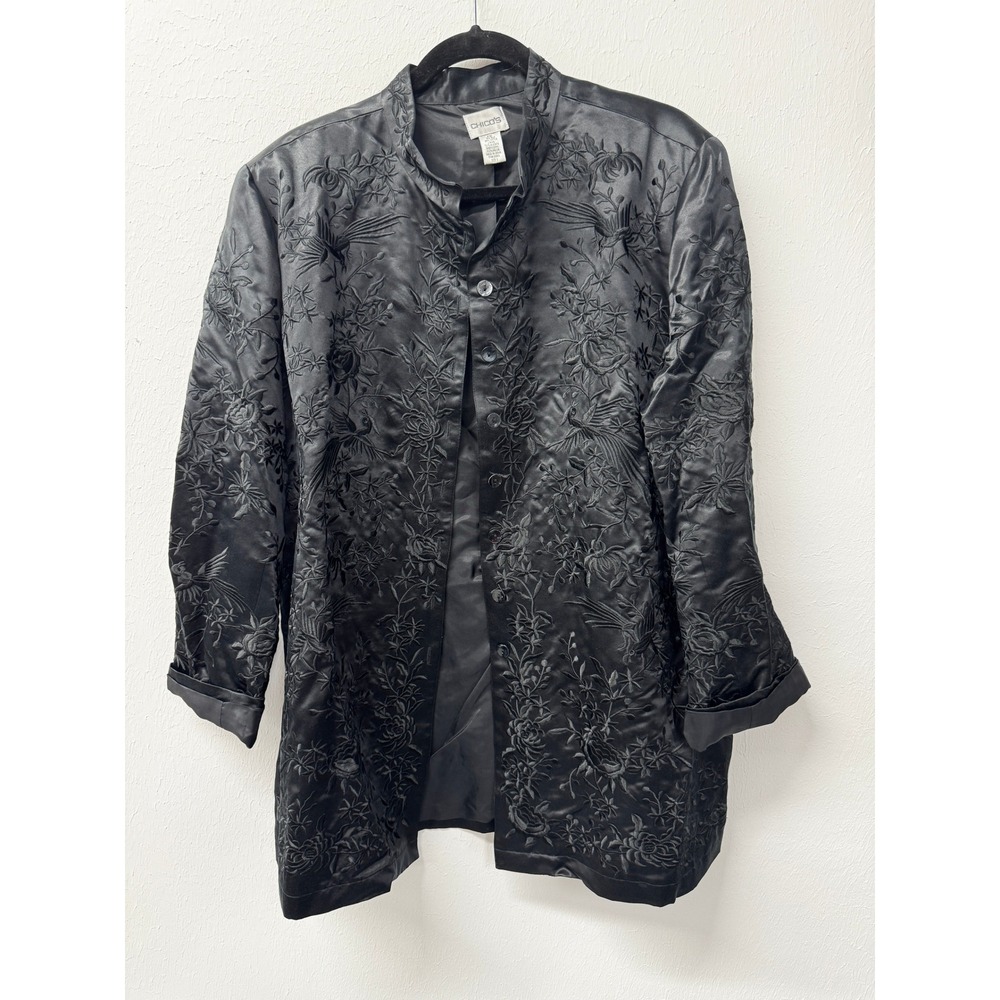 Chico's Black Silk Chinoiserie Embroidered Kimono Blazer Jacket Quiet Luxury XL - Picture 13 of 13